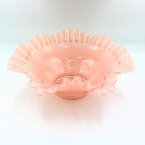 Vintage Fenton Rose Pink Serving Bowl Ruffled Ribbon Edge Pedestal Base 9.75"